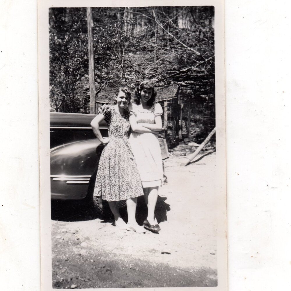 Vintage 1940s Snapshot Photo Two Young Girls Posing In Front Of Classic Car fr1